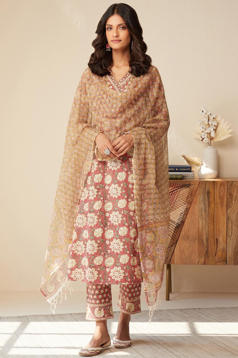 Yellow Hand Block-Printed Kota Dupatta