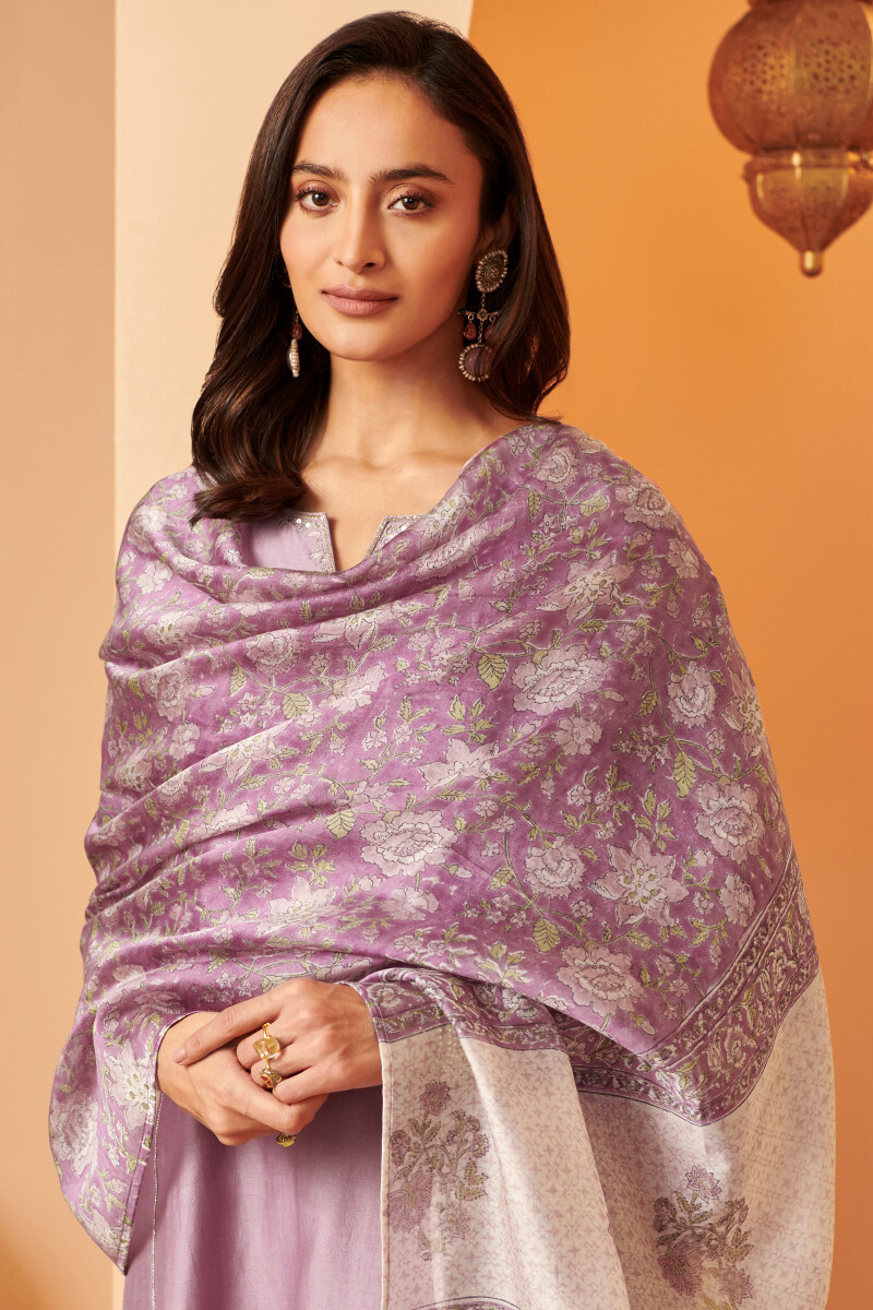 Purple Hand Block Printed Chanderi Dupatta