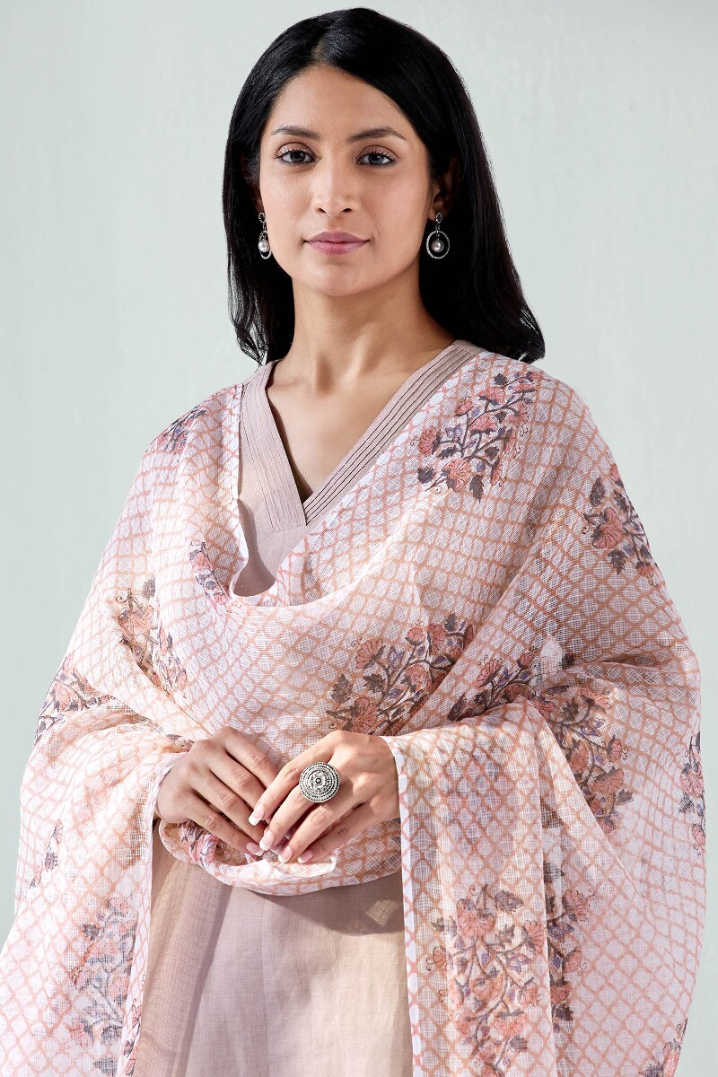 Pink Hand Block Printed Kota Dupatta