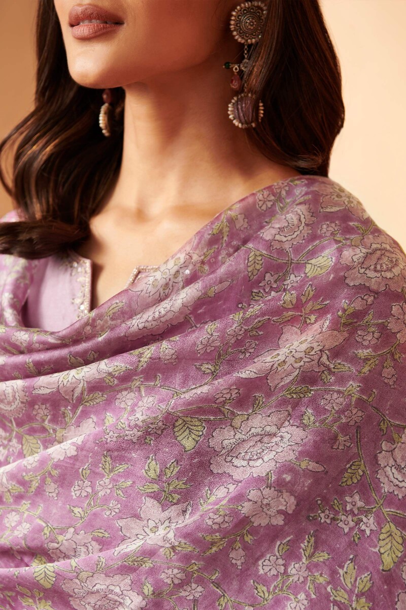 Purple Hand Block Printed Chanderi Dupatta