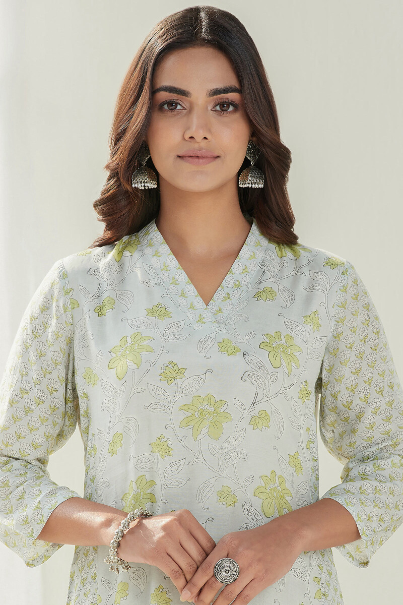 Grey Hand Block Printed Straight Modal Kurta