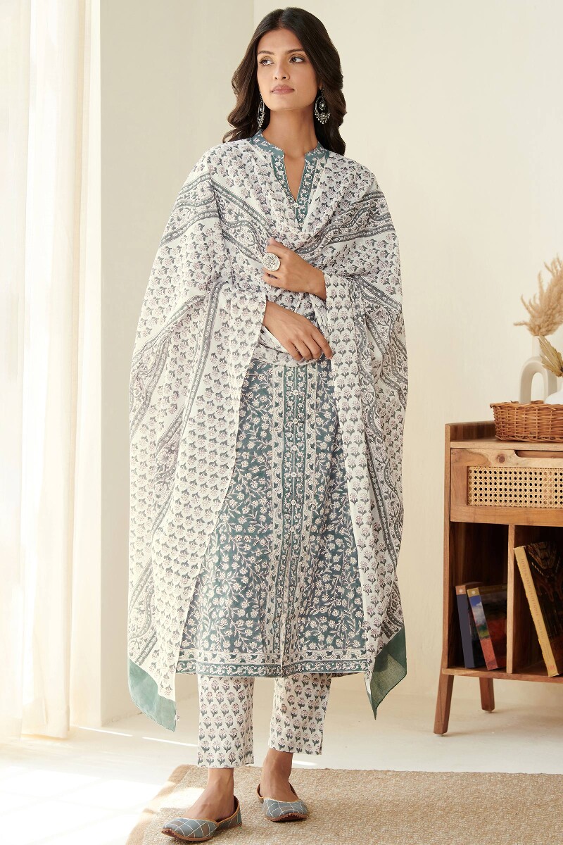 White Hand Block Printed Cotton Mul Dupatta