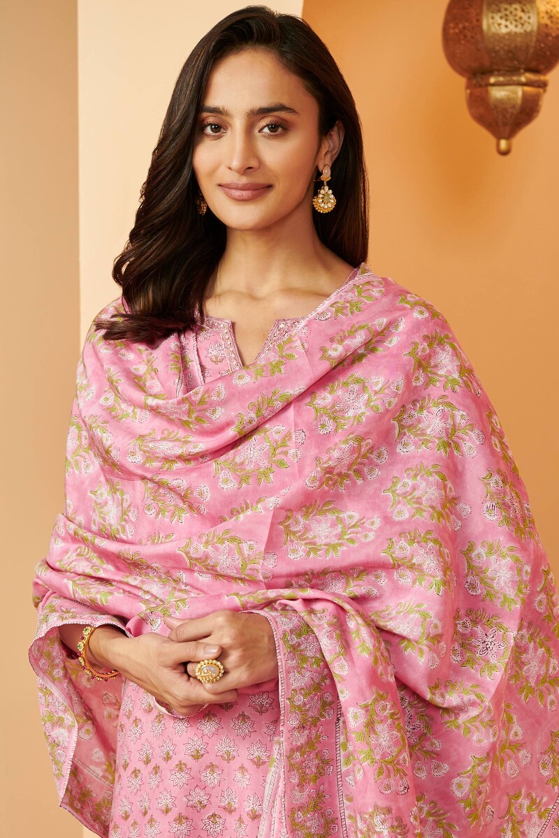 Pink Hand Block Printed Modal Dupatta