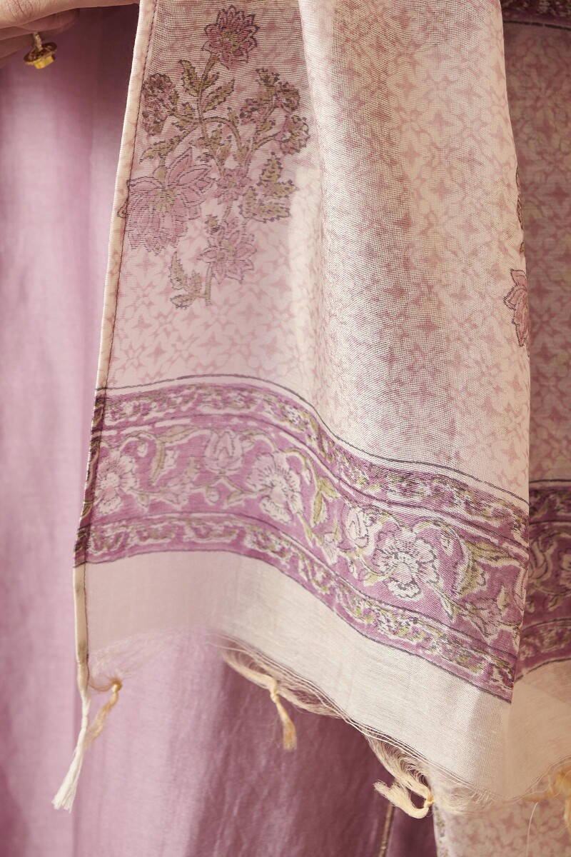 Purple Hand Block Printed Chanderi Dupatta