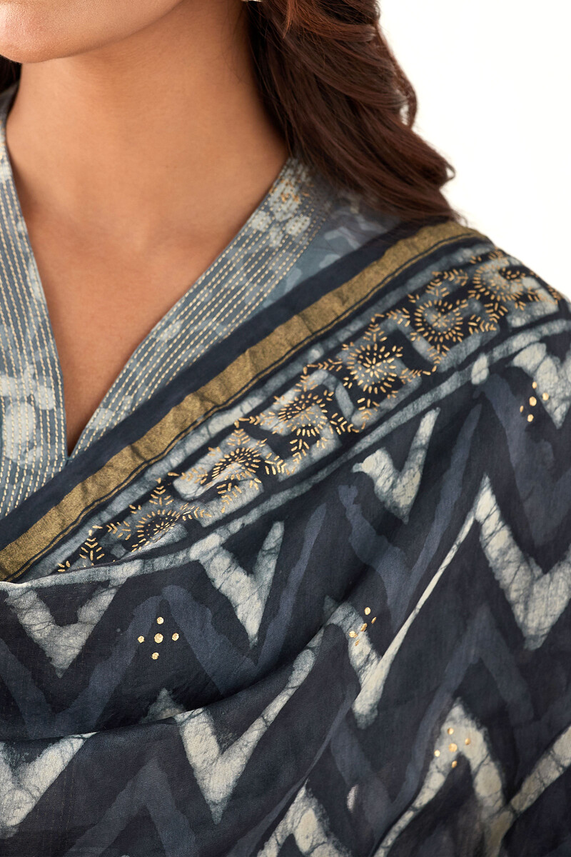 Grey Hand Block Printed Chanderi Dupatta