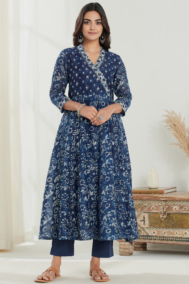 Indigo Hand Block Printed Anarkali Chanderi Kurta