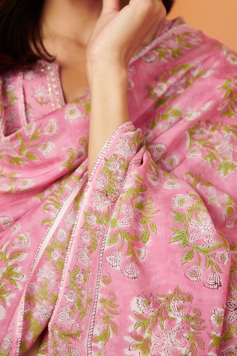 Pink Hand Block Printed Modal Dupatta