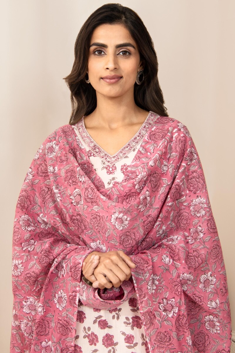 Pink Hand Block Printed Cotton Mul Dupatta