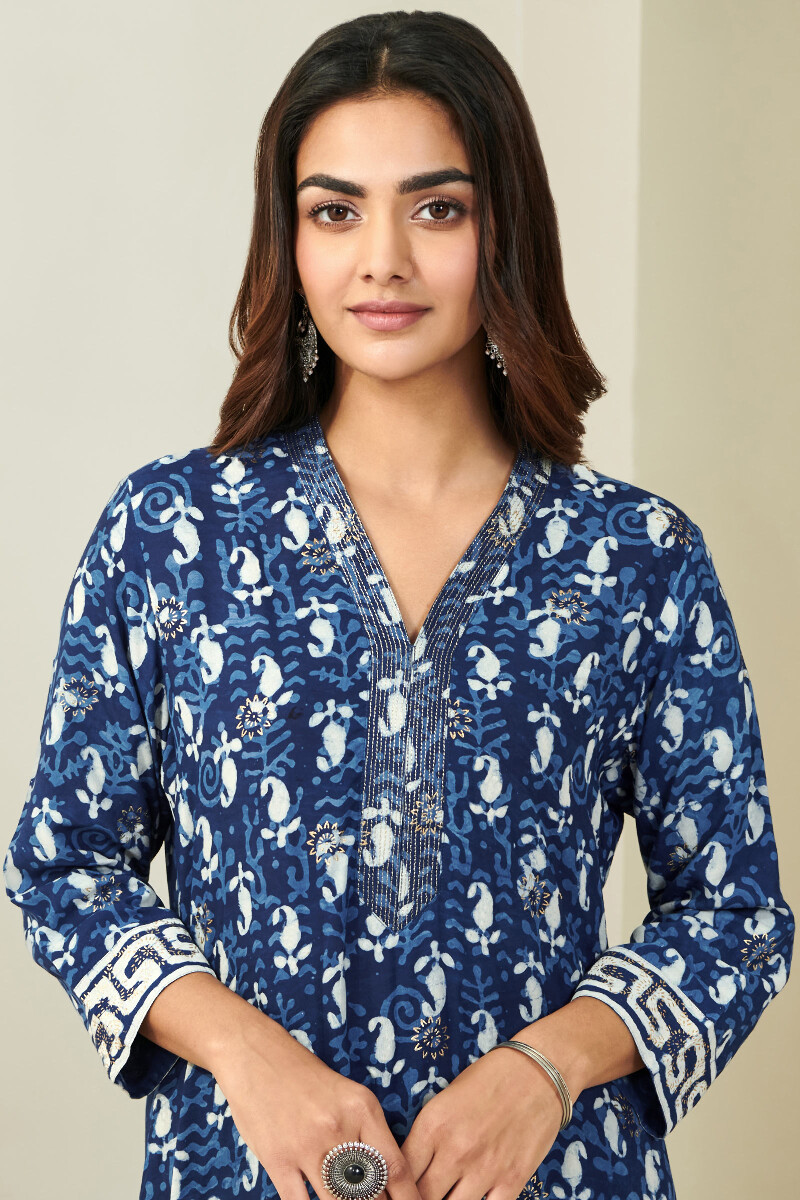 Indigo Hand Block Printed Straight Modal Kurta