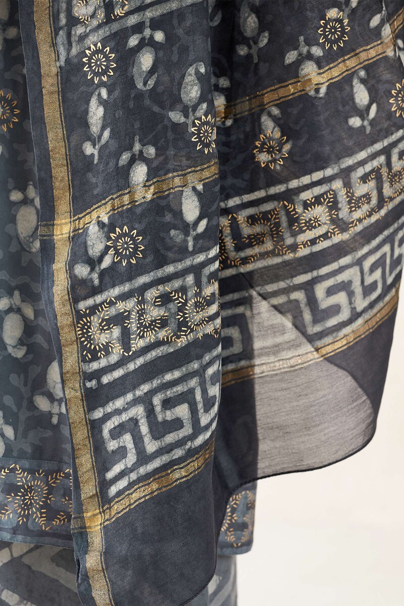 Grey Hand Block Printed Chanderi Dupatta