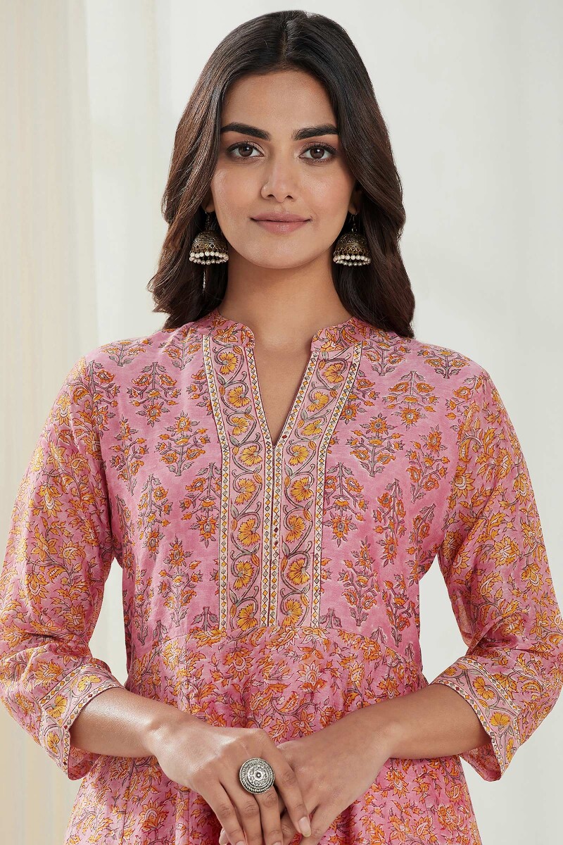 Pink Hand Block Printed Anarkali Chanderi Kurta