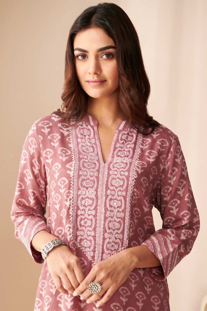 Pink Hand Block Printed Straight Modal Kurta