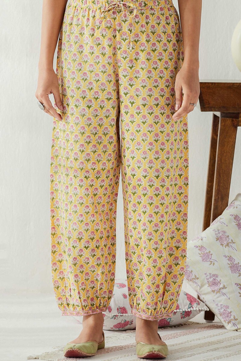 Yellow Hand Block Printed Cotton Flax Izhaar Pants