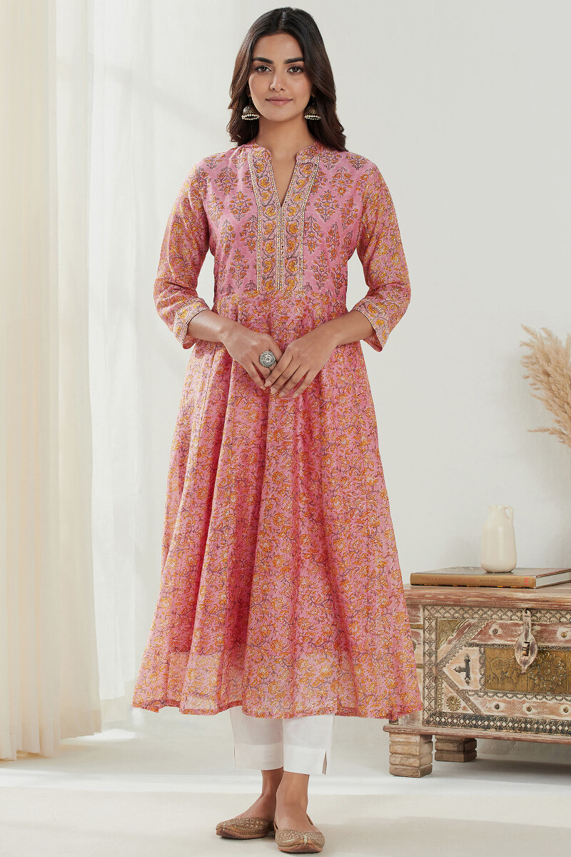 Pink Hand Block Printed Anarkali Chanderi Kurta