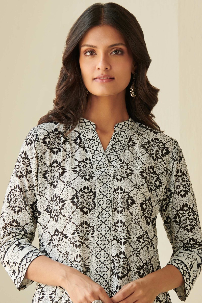 White Hand Block Printed A-Line Cotton Kurta