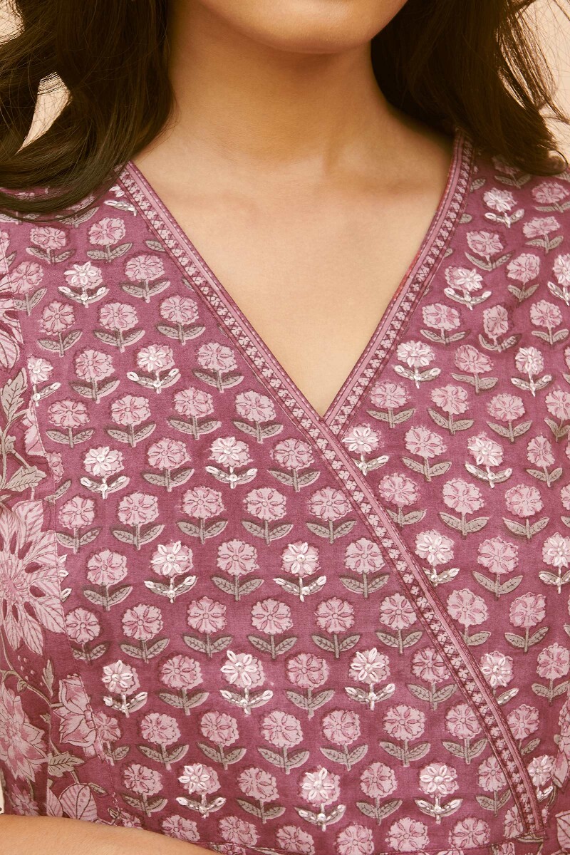 Purple Hand Block-Printed Straight Cotton Kurta