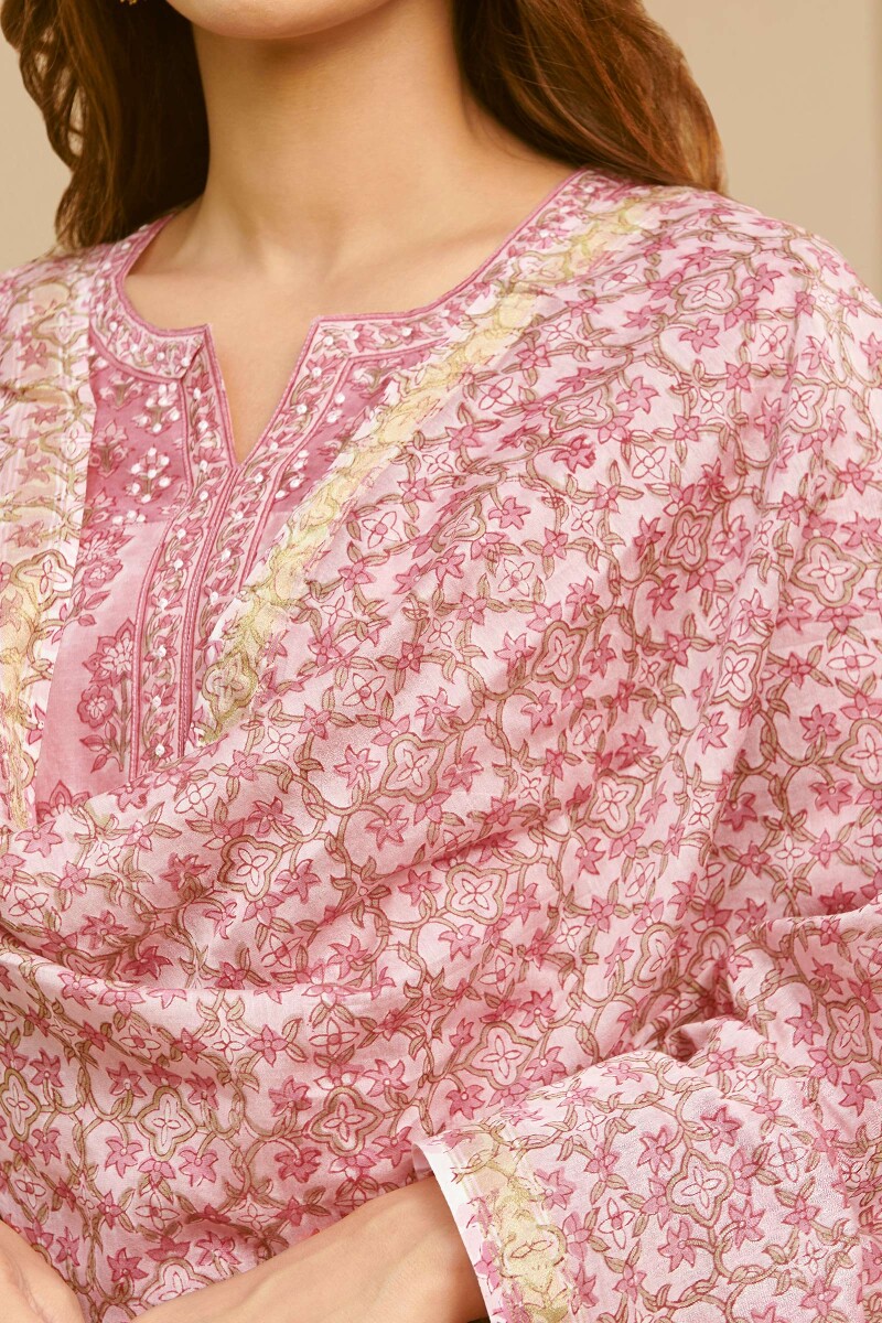 Pink Hand Block-Printed Chanderi Dupatta