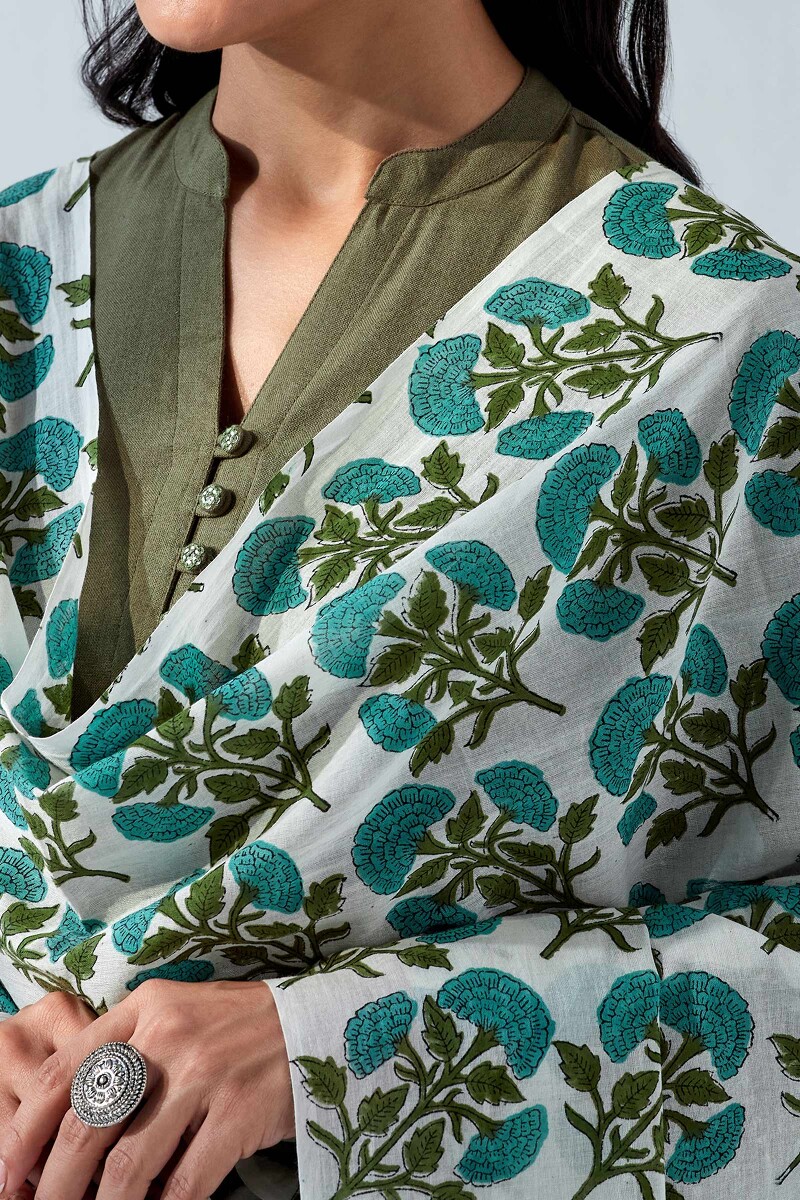 White Hand Block Printed Cotton Mul Dupatta