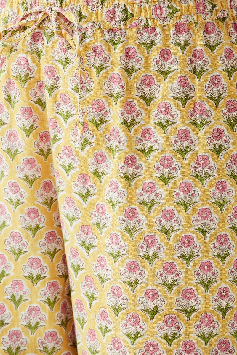 Yellow Hand Block Printed Cotton Flax Izhaar Pants