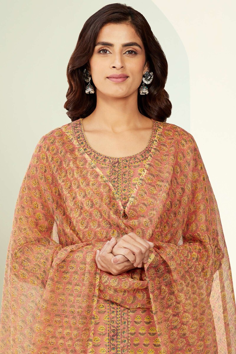 Peach Hand Block-Printed Kota Dupatta