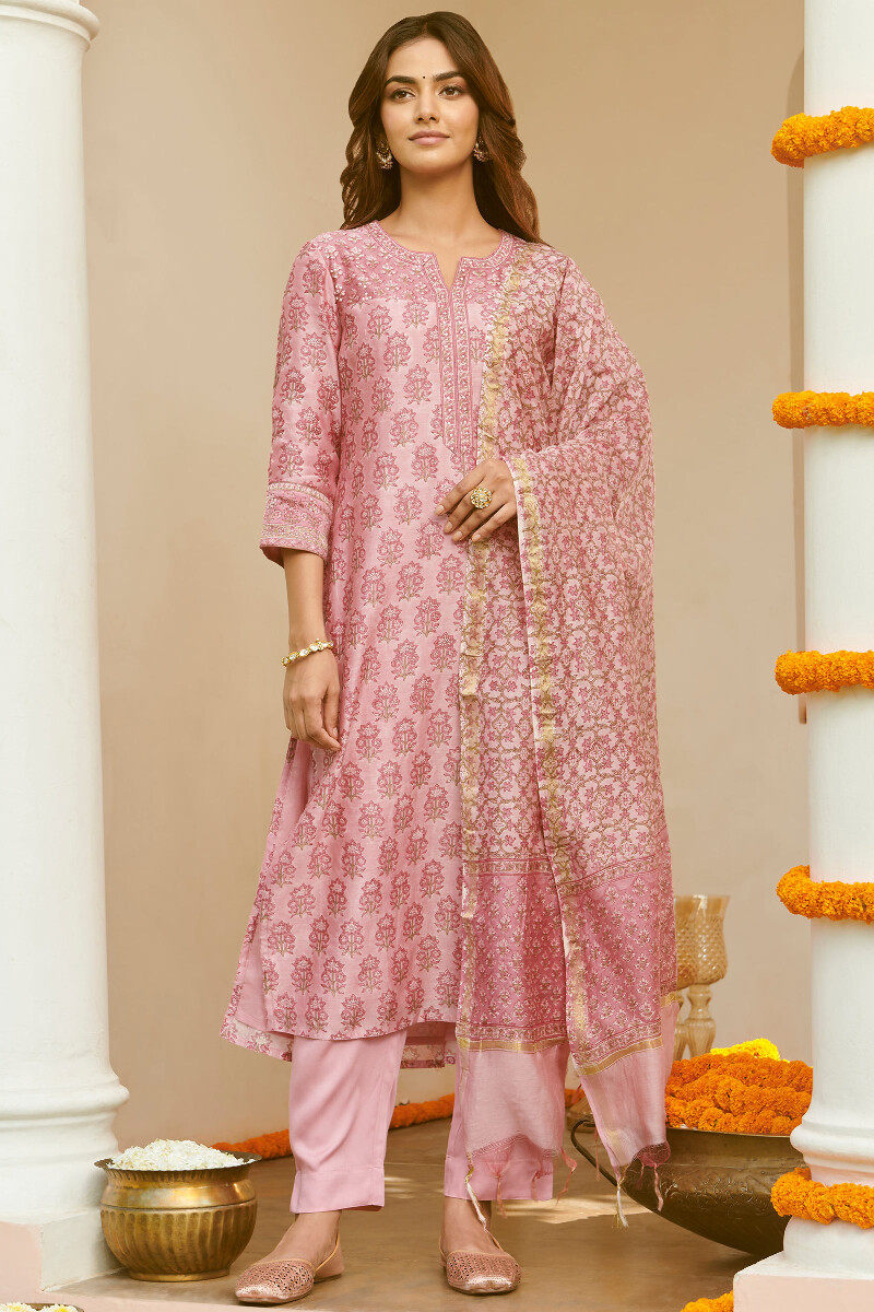 Pink Hand Block-Printed Chanderi Dupatta