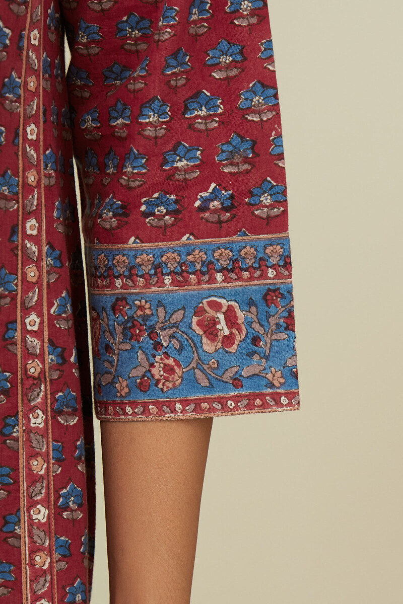 Red Hand Block-Printed Straight Cotton Kurta