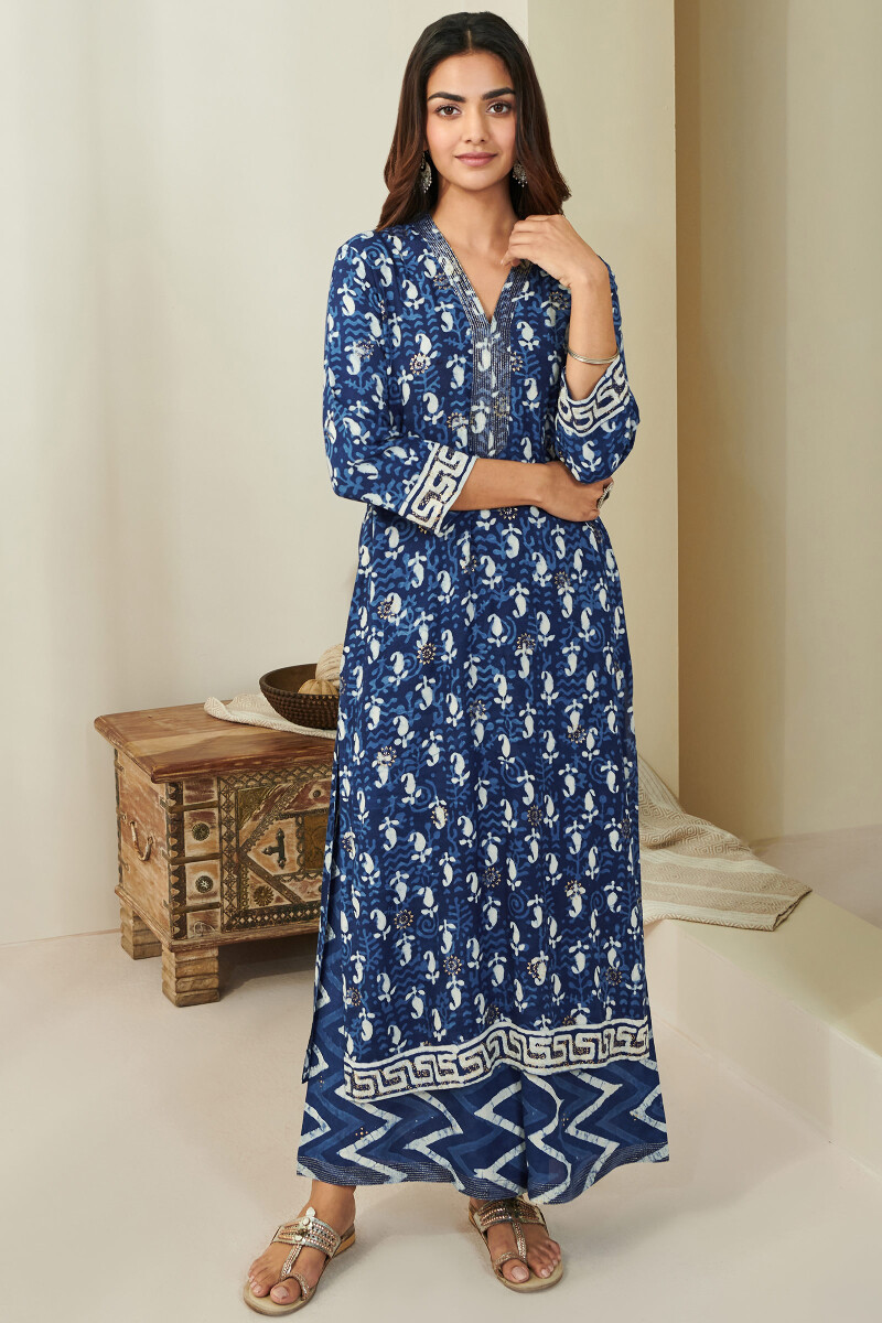 Indigo Hand Block Printed Straight Modal Kurta