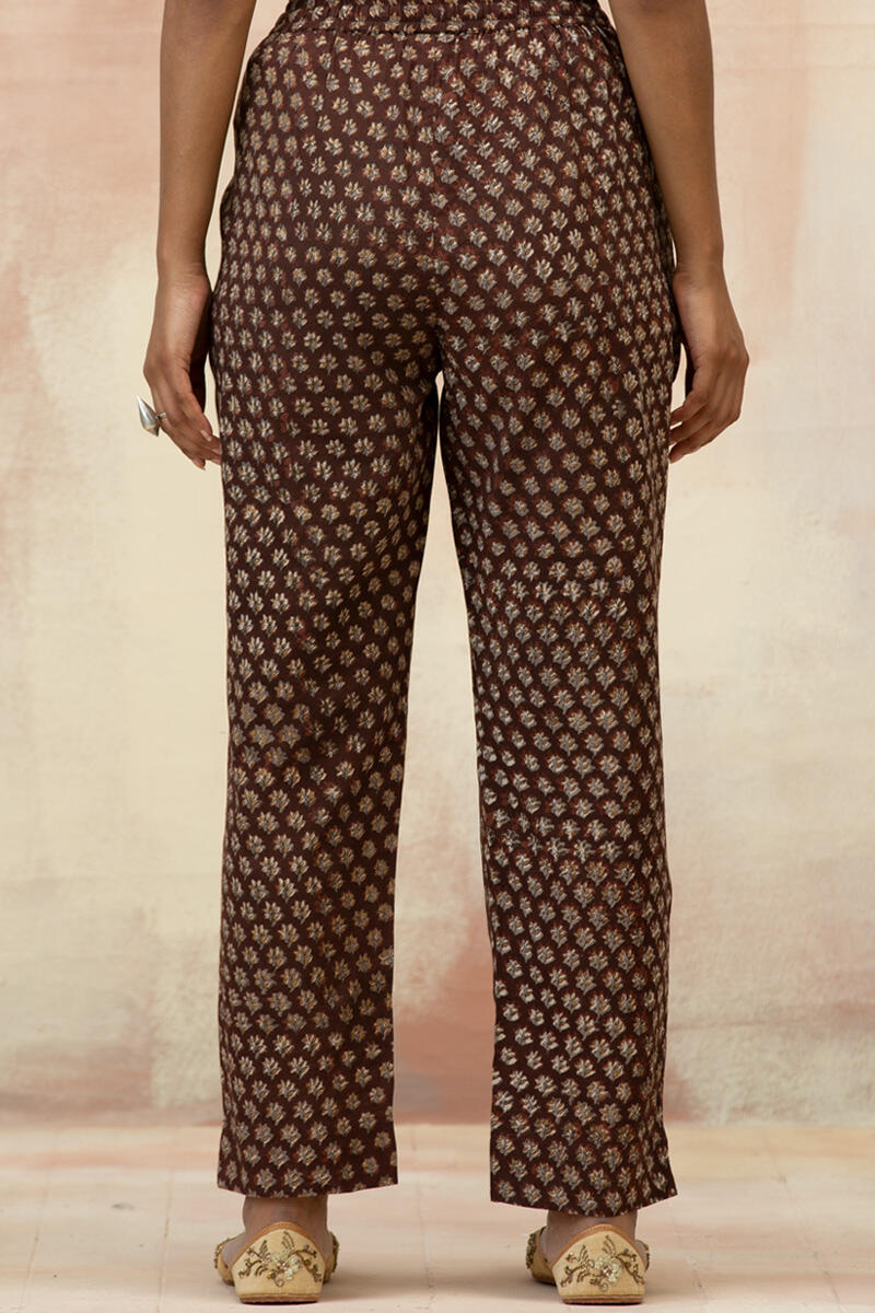 Maroon Block Printed Cotton Narrow Pants