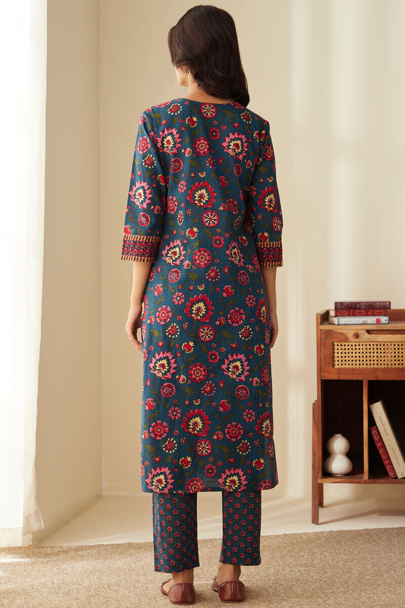 Blue Hand Printed Straight Cotton Kurta