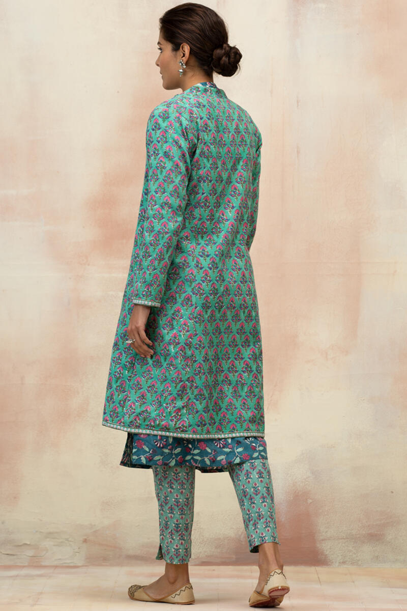 Blue Block Printed Cotton Reversible Jacket