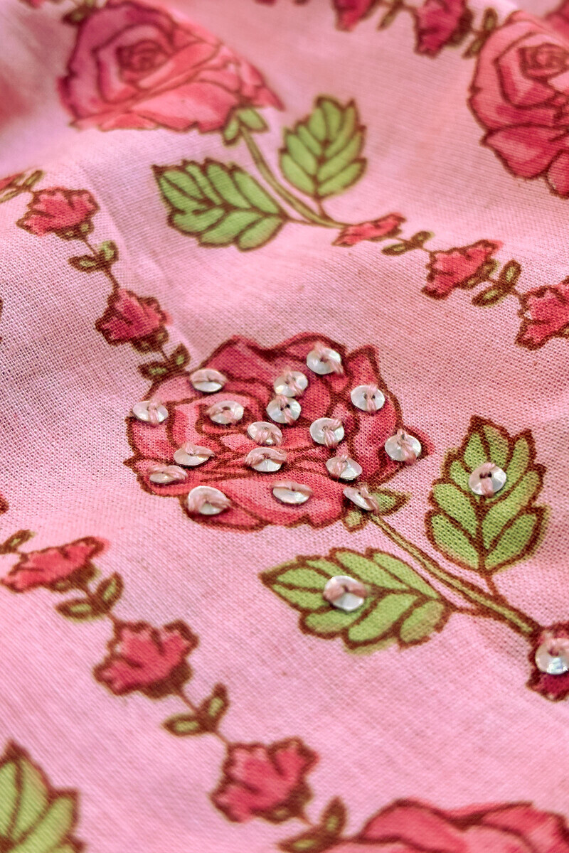 Pink Hand Printed Straight Cotton Kurta