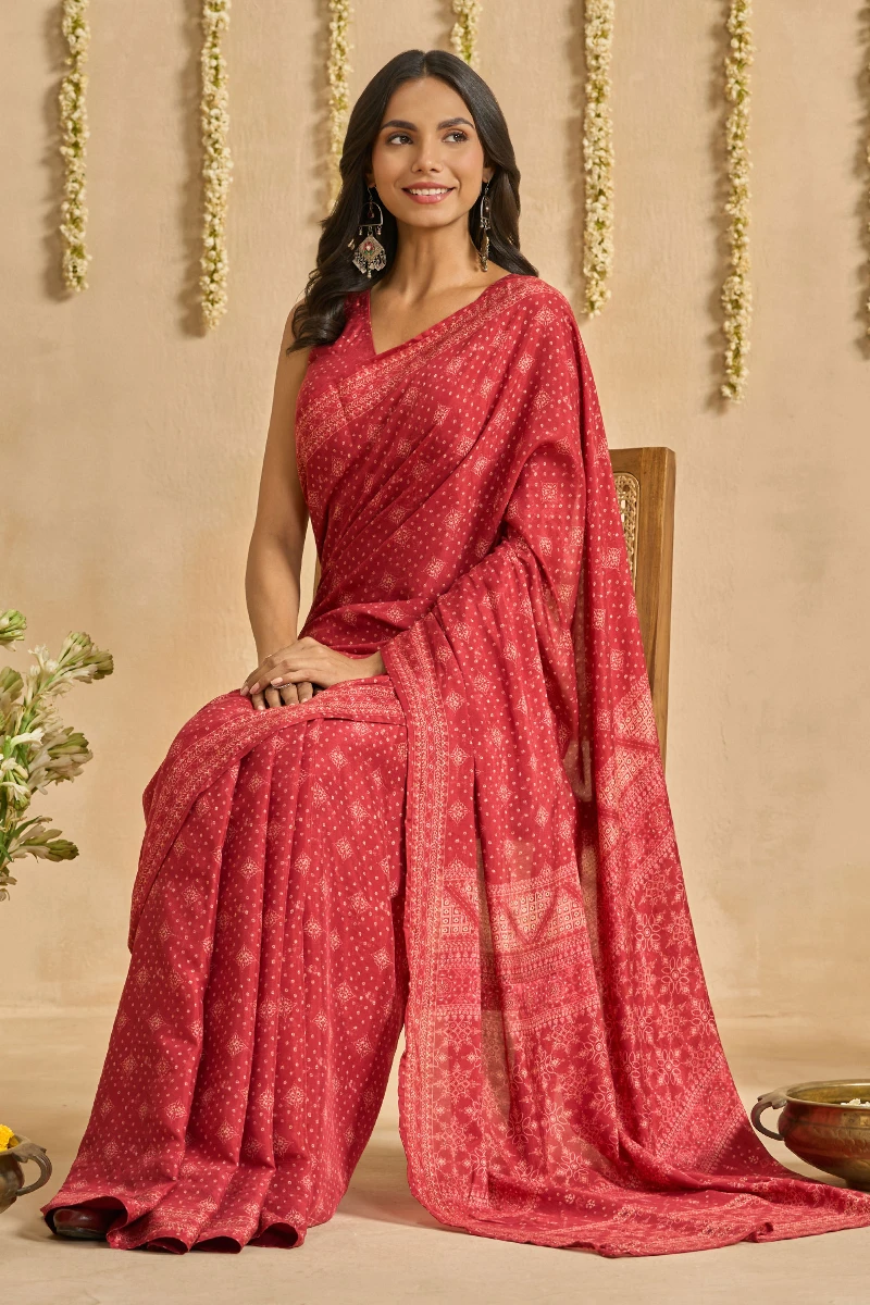 Red Printed Viscose Saree