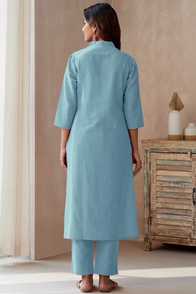 Blue Handcrafted Straight Cotton Flax Kurta