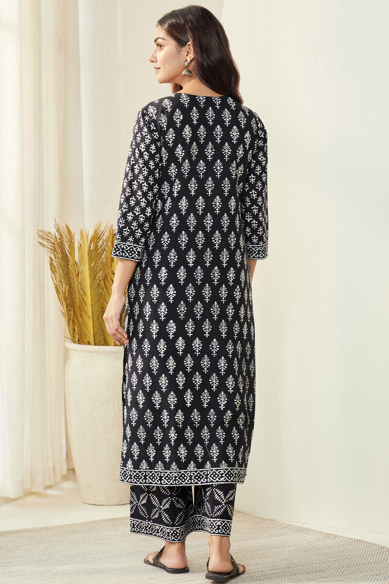 Black Hand Block-Printed Straight Cotton Kurta