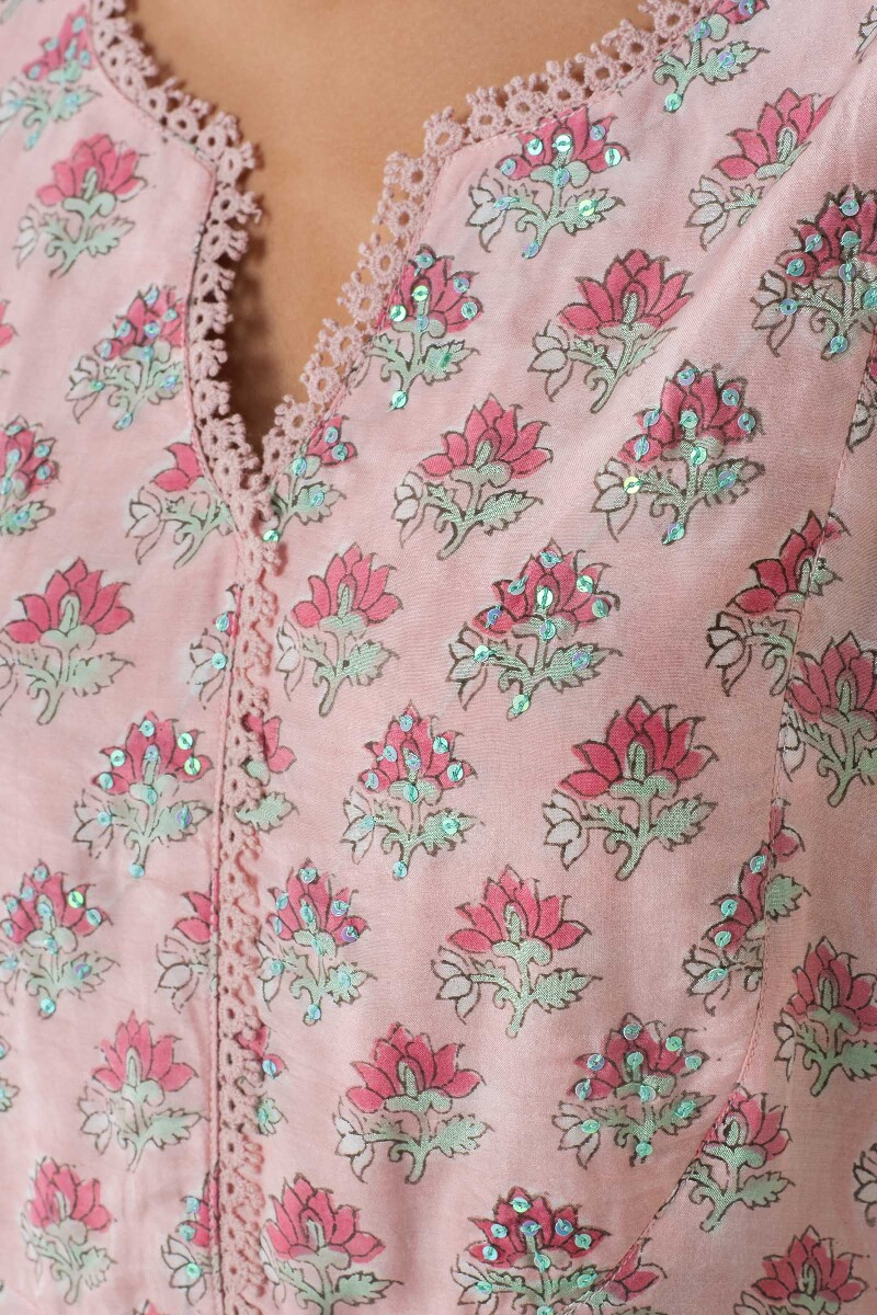Pink Block Printed Straight Modal Kurta