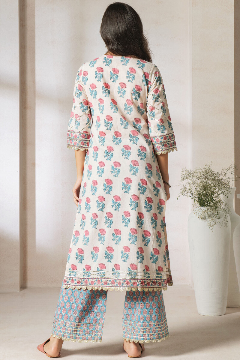 Off-White Block Printed Straight Cotton Kurta