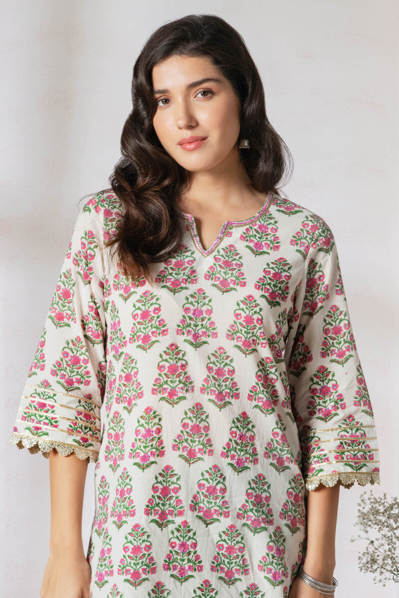 Off-White Block Printed Straight Cotton Kurta
