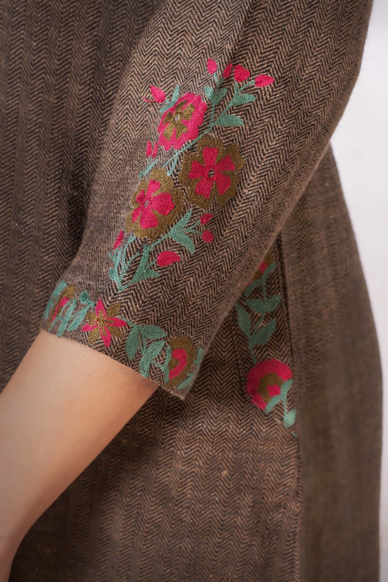 Brown Handcrafted A-Line Faux Wool Kurta