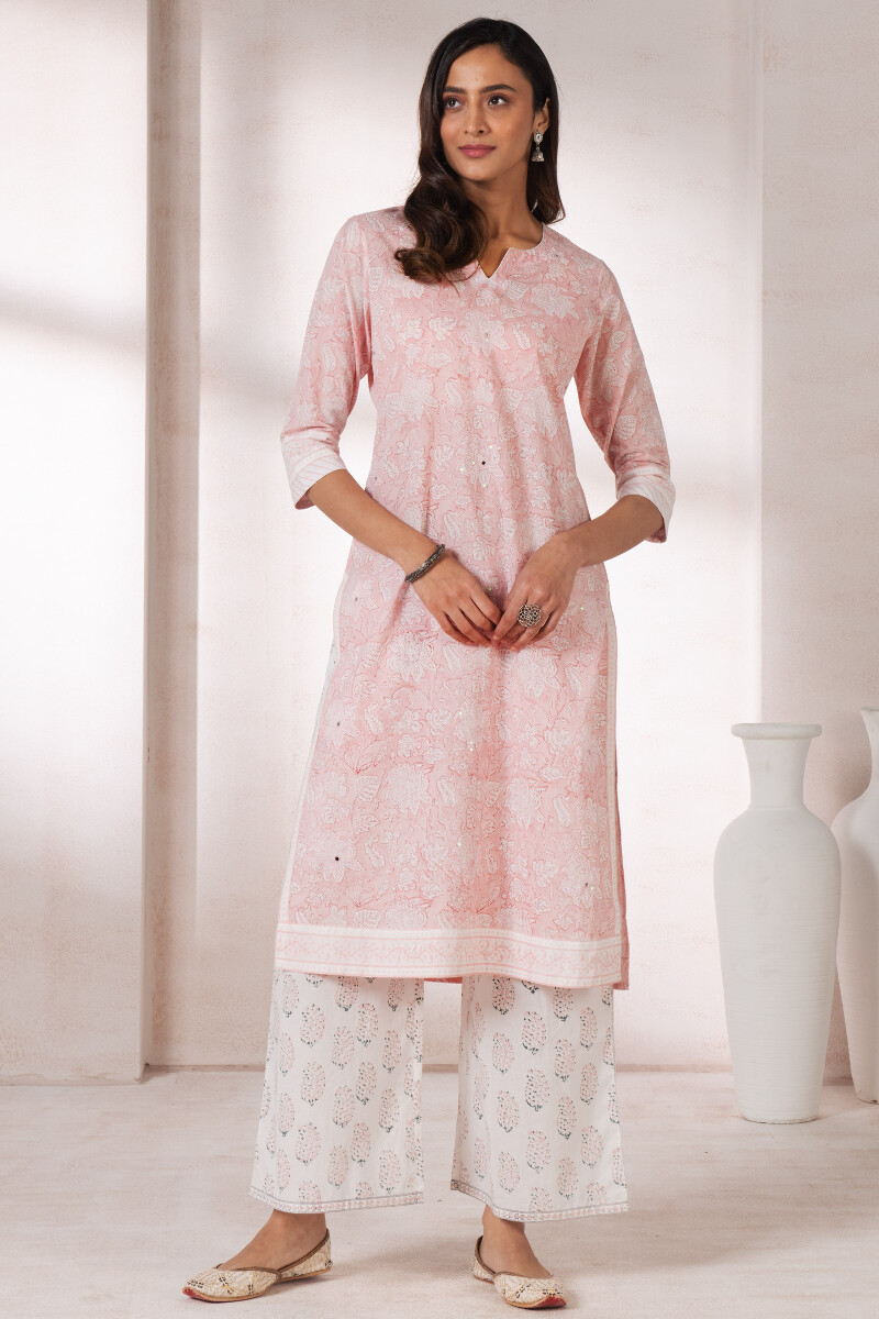 Peach Block Printed Straight Cotton Kurta