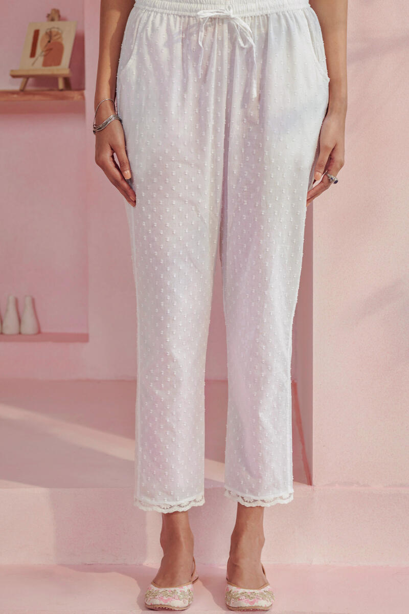 White Handcrafted Cotton Narrow Pants