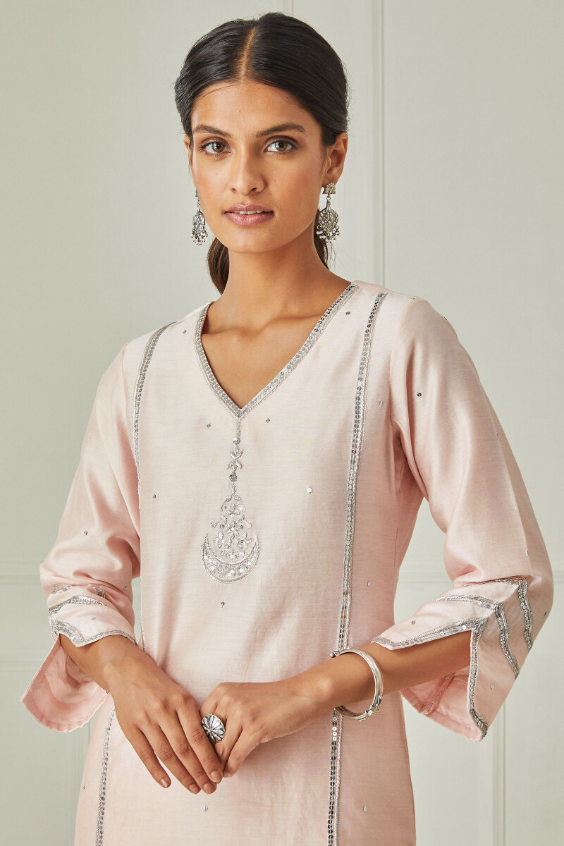 Pink Handcrafted Straight Chanderi Kurta