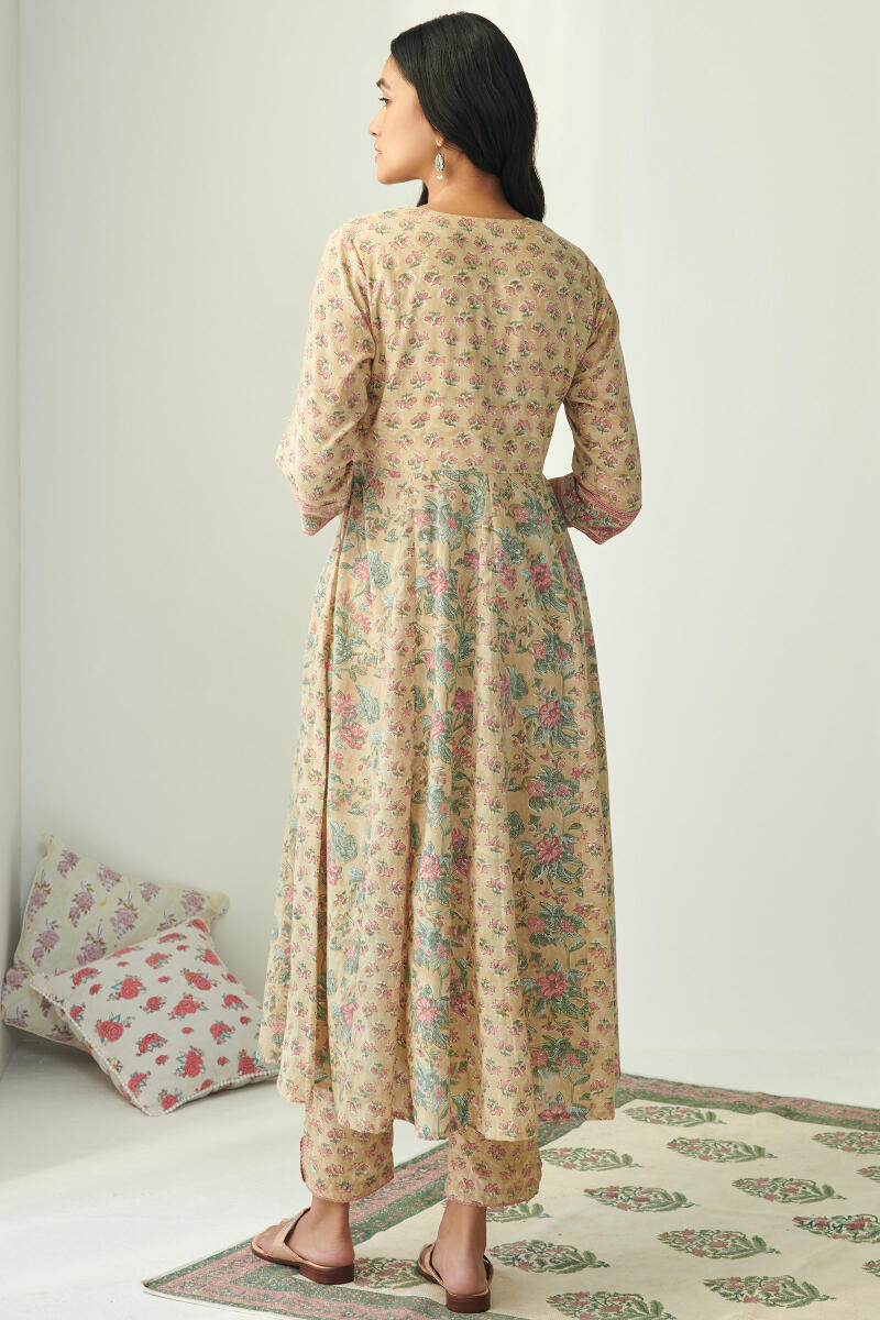 Mustard Hand Block Printed Anarkali Cotton Kurta