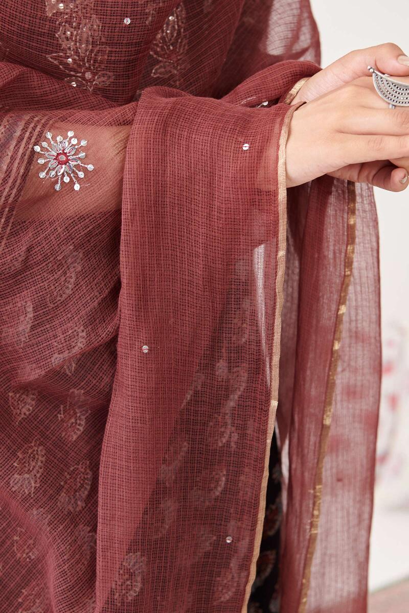 Maroon Hand Block Printed Kota Silk Dupatta