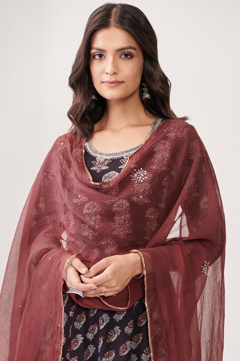Maroon Hand Block Printed Kota Silk Dupatta