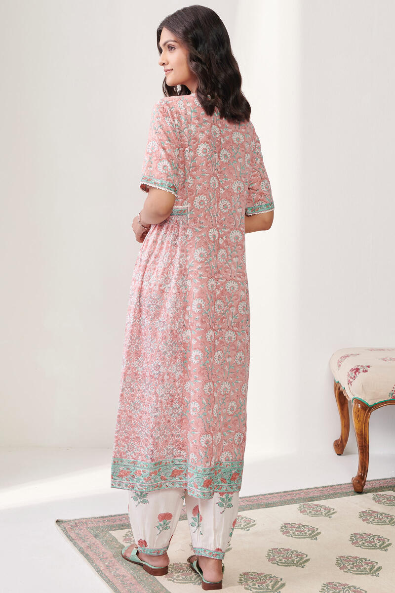 Pink Hand Block Printed A-Line Cotton Kurta