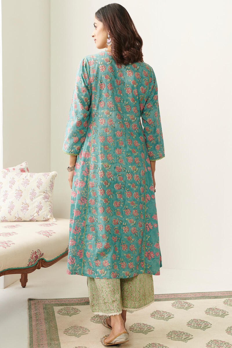 Blue Hand Block Printed A-Line Cotton Kurta