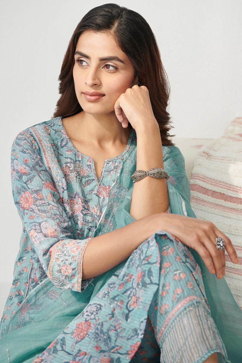 Blue Hand Block Printed A-Line Cotton Kurta
