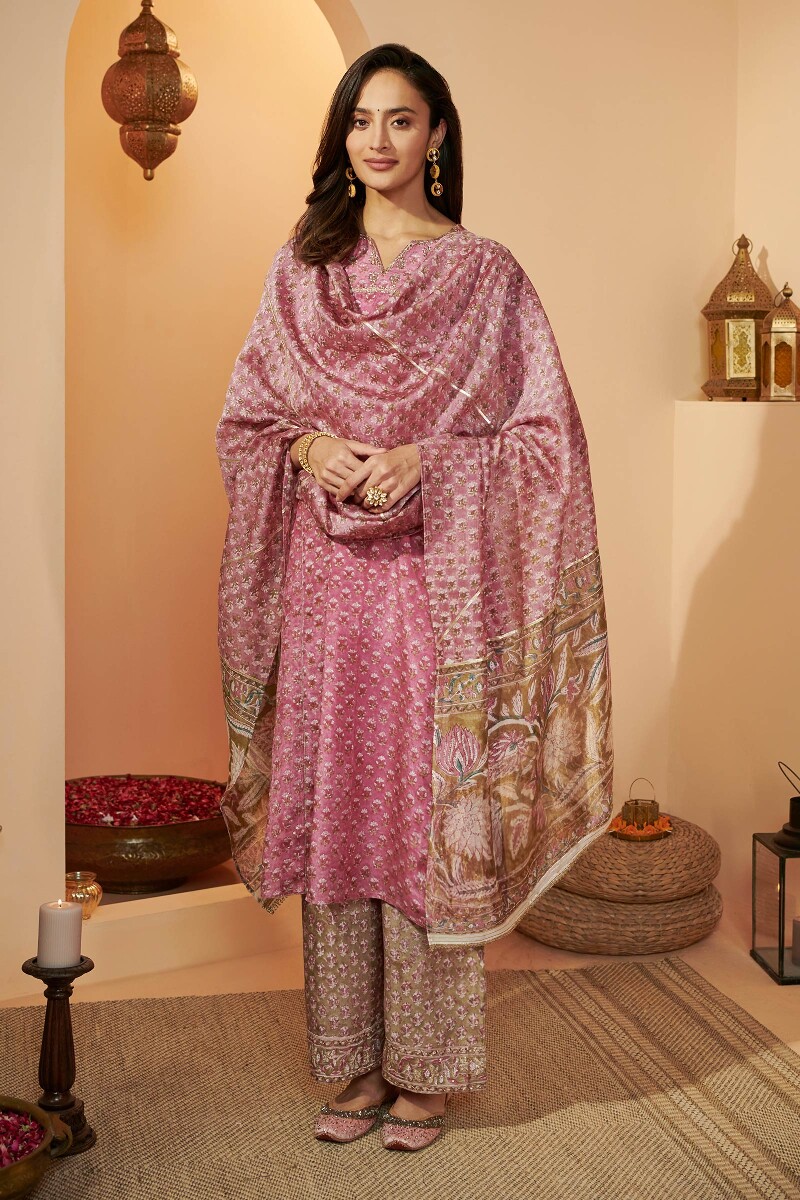 Purple Hand Block Printed A-Line Silky Modal Kurta