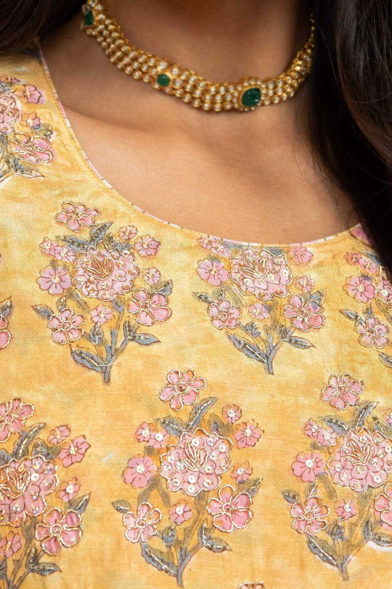 Yellow Hand Block Printed Modal Kurta