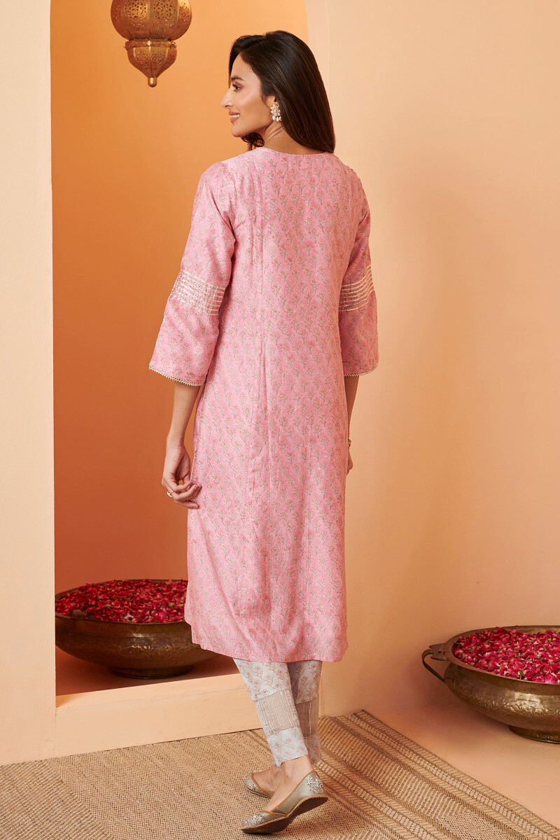 Pink Hand Block Printed A-Line Modal Kurta
